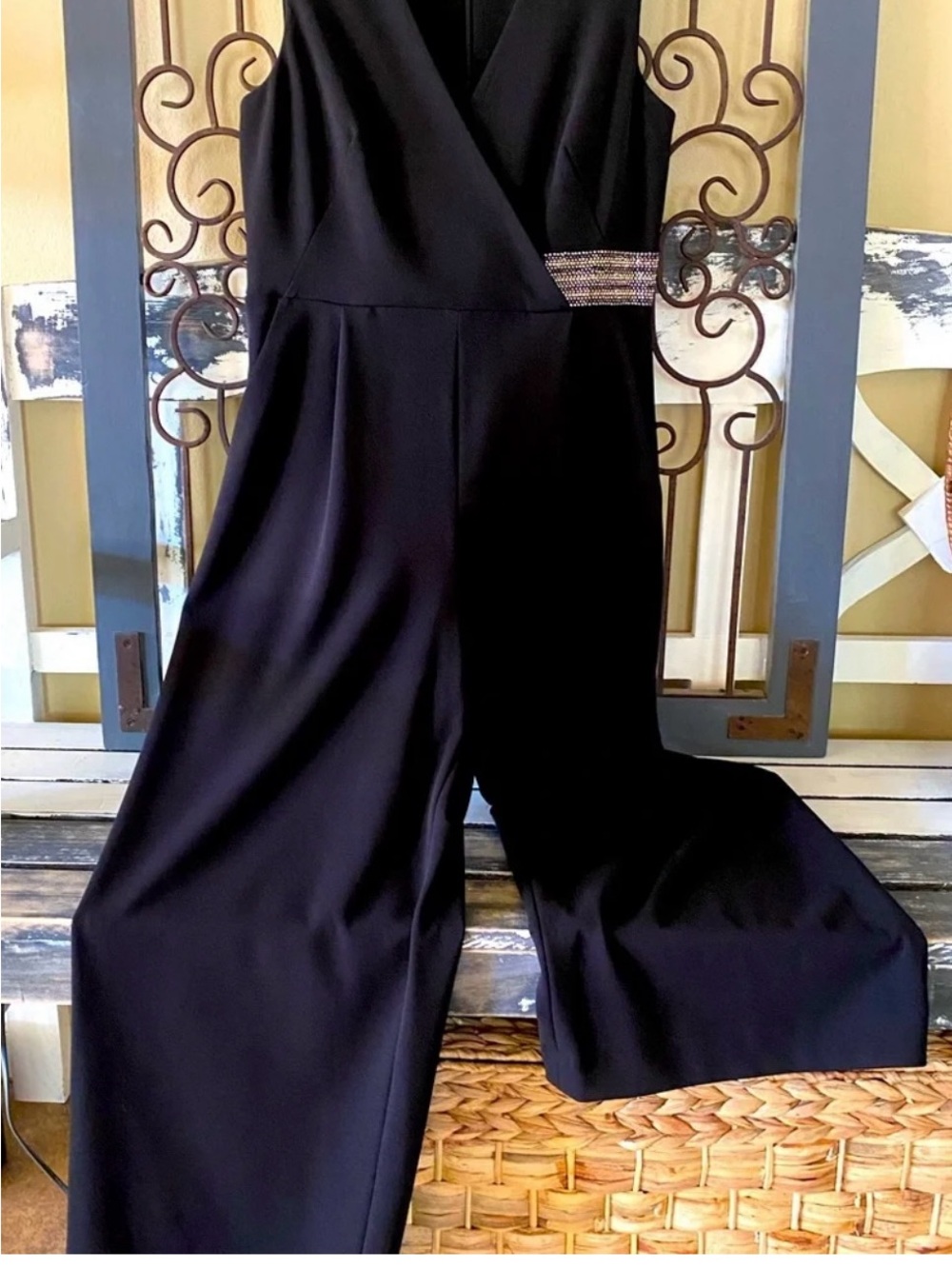 Calvin Klein Black Sleeveless Wide-Leg Jumpsuit with Beaded Waist